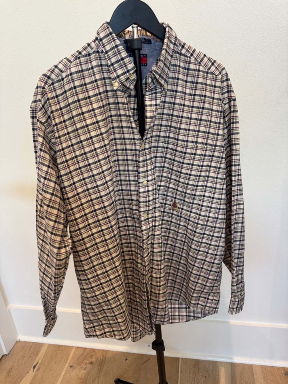 Tommy Hilfiger Beige Plaid Button-Down Shirt with Navy and Red Accents
